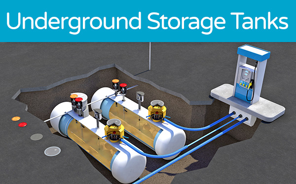 Illustration of underground storage tanks connected to a gas pump, showcasing the internal structure and components of a typical gasoline station's fuel storage system.