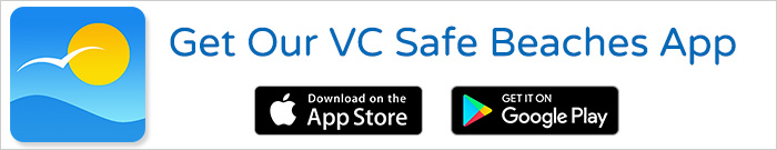 Advertisement banner for VC Safe Beaches App available on App Store and Google Play.