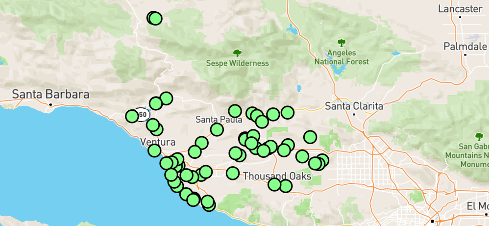 Map showing a cluster of marked locations within Ventura County, indicating various facilities.