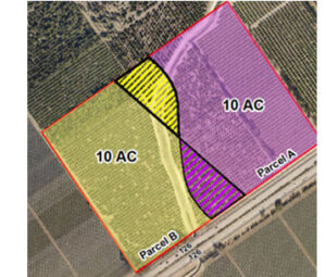 Aerial view of three parcels of land with color overlays indicating sections. Yellow-striped section and purple-dotted section are labeled "10 AC" for acres. The yellow-striped area is marked as "Parcel B" and the purple-dotted area as "Parcel A".