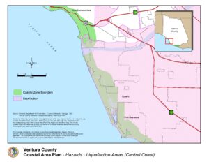 Map of Ventura County Coastal Area Plan showing hazards and liquefaction zones along the central coast. Features key locations and infrastructure.