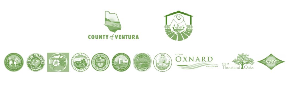 Colección de sellos y logotipos que representan a varias ciudades y un condado en California.