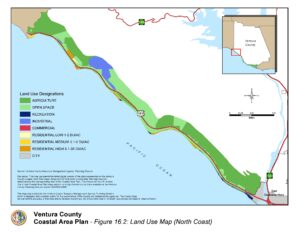 Map of Ventura County Coastal Area showing land use designations such as agriculture, open space, and residential areas.