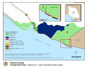 entura County Coastal Area Plan map showing land use designations such as agriculture, open space, recreation, commercial, and various residential densities along the South Coast.