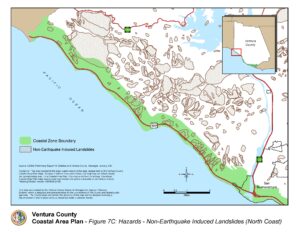 Map of Ventura County Coastal Area Plan highlighting non-earthquake induced landslides and the coastal zone boundary