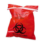 Red biohazard disposal bag with biohazard symbol and text indicating infectious waste.