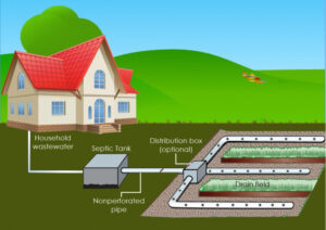 Diagram illustrating the components and process of a residential septic system, showing the household wastewater, septic tank, nonperforated pipe, distribution box, and drain field.