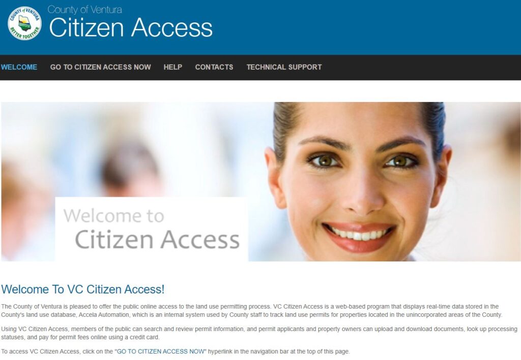 Smiling woman providing a welcoming gesture for the Ventura County Citizen Access portal.