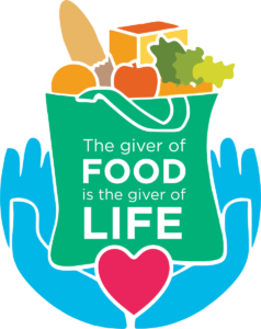 Illustration of a green shopping bag filled with groceries such as bread, vegetables, and canned goods. Underneath is a pair of blue hands holding a pink heart, with the text "The giver of FOOD is the giver of LIFE".