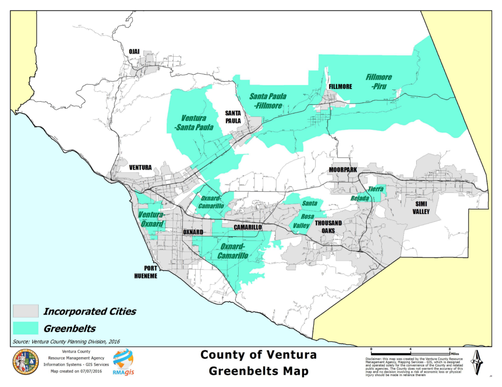 Map of Ventura County, California highlighting incorporated cities and greenbelts.