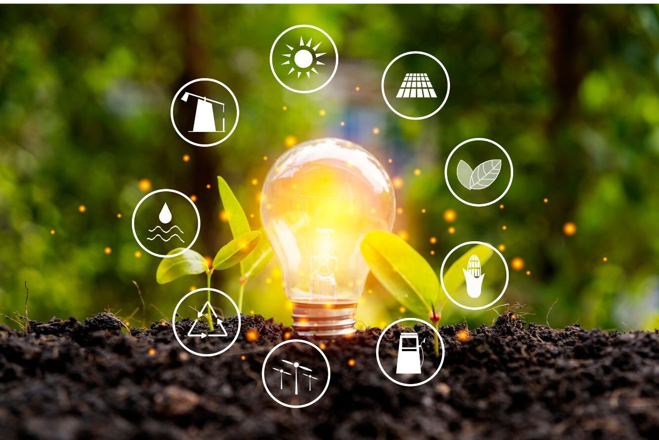 Light bulb glowing in soil with green leaves, surrounded by icons representing renewable energy sources such as solar panels, water, wind turbines and recycling.