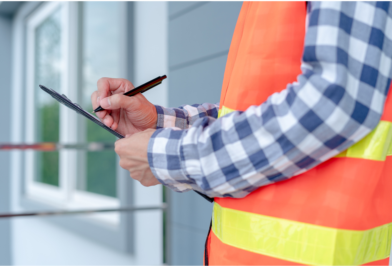 Close-up of a person in safety gear writing on a clipboard.