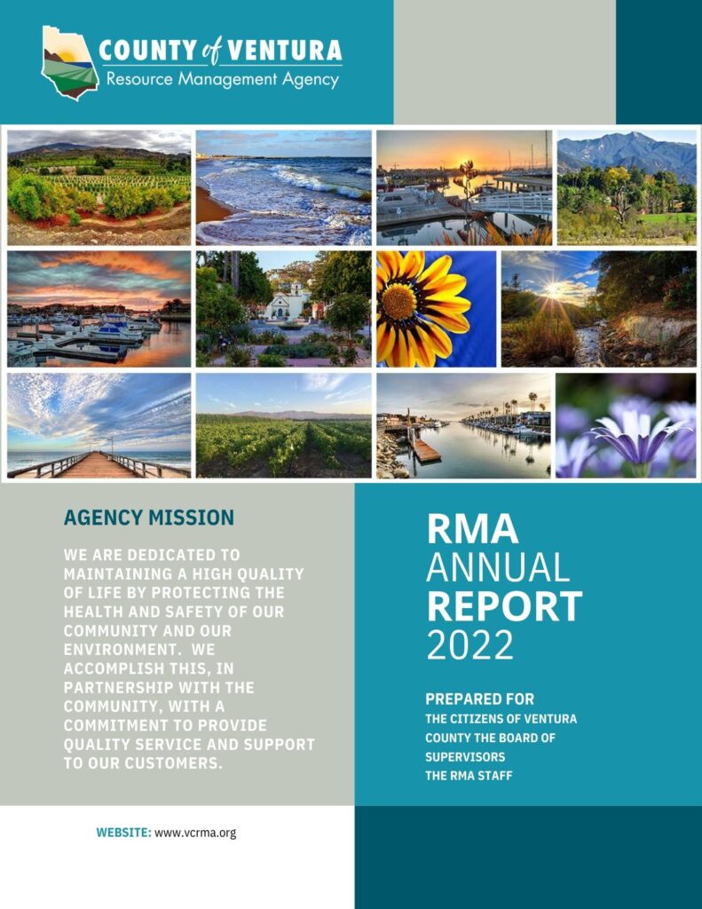 Collage of Ventura County including images of coastlines, farmlands, mountains, and marinas. Text reads: 'County of Ventura Resource Management Agency. RMA Annual Report 2022. Prepared for the citizens, board of supervisors, and RMA staff.'