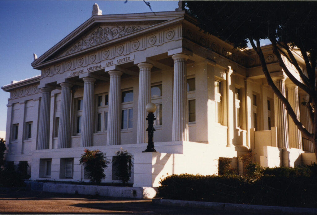 Oxnard Carnegie Library building featuring classical columns, circa 1980s.