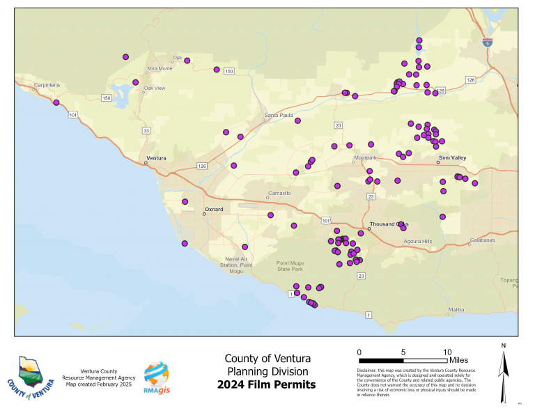 Map of Ventura County with purple markers showing locations of 2024 film permits.