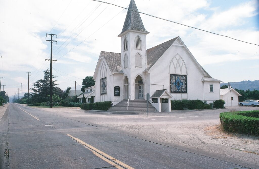 Bardsdale Methodist Church in 1978, showcasing Carpenter Gothic architecture in Fillmore.