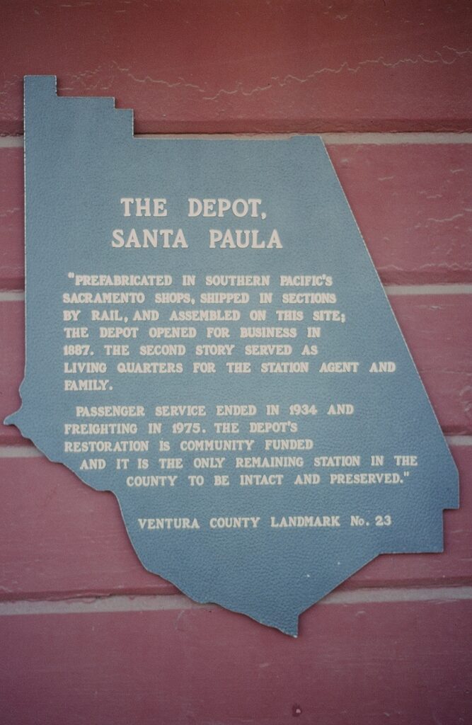 Commemorative plaque at Santa Paula Depot detailing its historical significance and status as Ventura County Landmark No. 23.