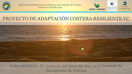 Imagen del atardecer sobre el océano con texto sobre el Proyecto de Adaptación Costera Resiliente de Ventura.