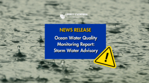 Raindrops on water surface with text: "News Release. Ocean Water Quality Monitoring Report: Storm Water Advisory."