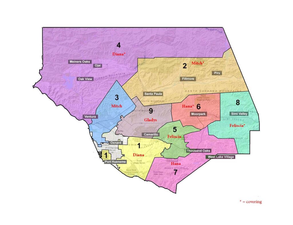 Color-coded district map showing areas in Ventura County with key cities like Ventura, Oxnard, and Thousand Oaks labeled.