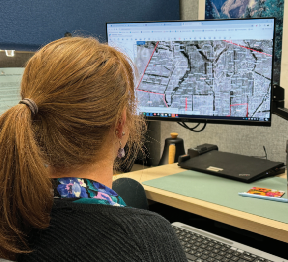 Person reviewing a city map on a computer screen at a desk.