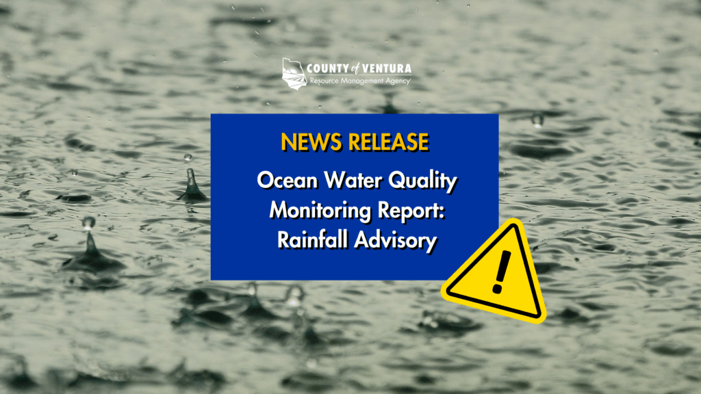 Raindrops on water surface with text: "News Release. Ocean Water Quality Monitoring Report: Rainfall Advisory."