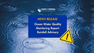 Ripples on water surface with a warning icon. Text: "News Release: Ocean Water Quality Monitoring Report: Rainfall Advisory."