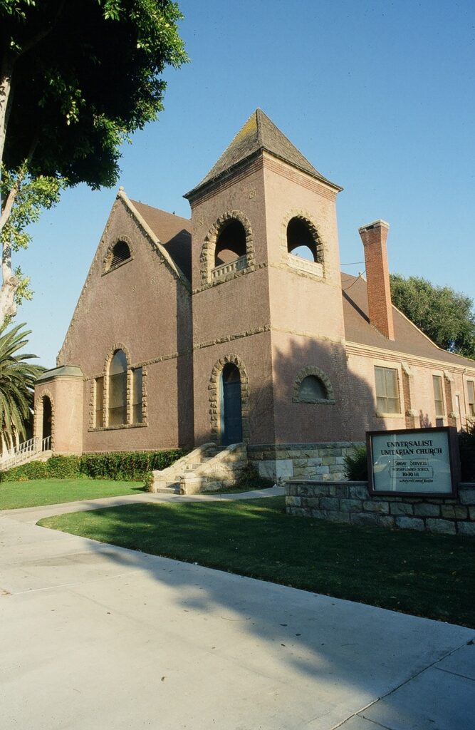 Universalist Unitarian Church of Santa Paula, brick architecture with tower, 1985.