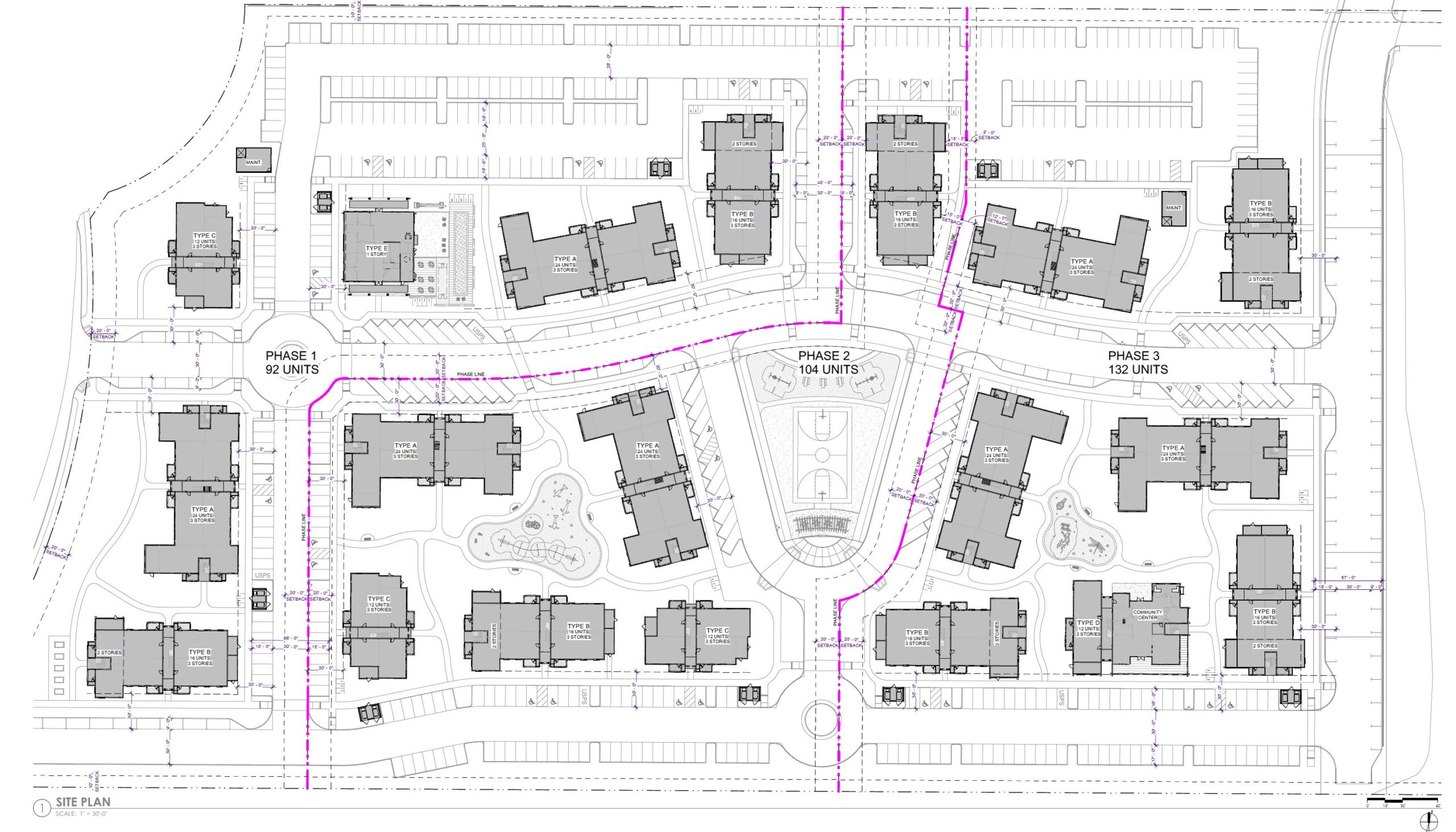 Site plan for Ventura Ranch Farmworker Housing Project showing phasing details with Phase 1 having 92 units, Phase 2 having 104 units, and Phase 3 having 132 units. Includes building types and layout.