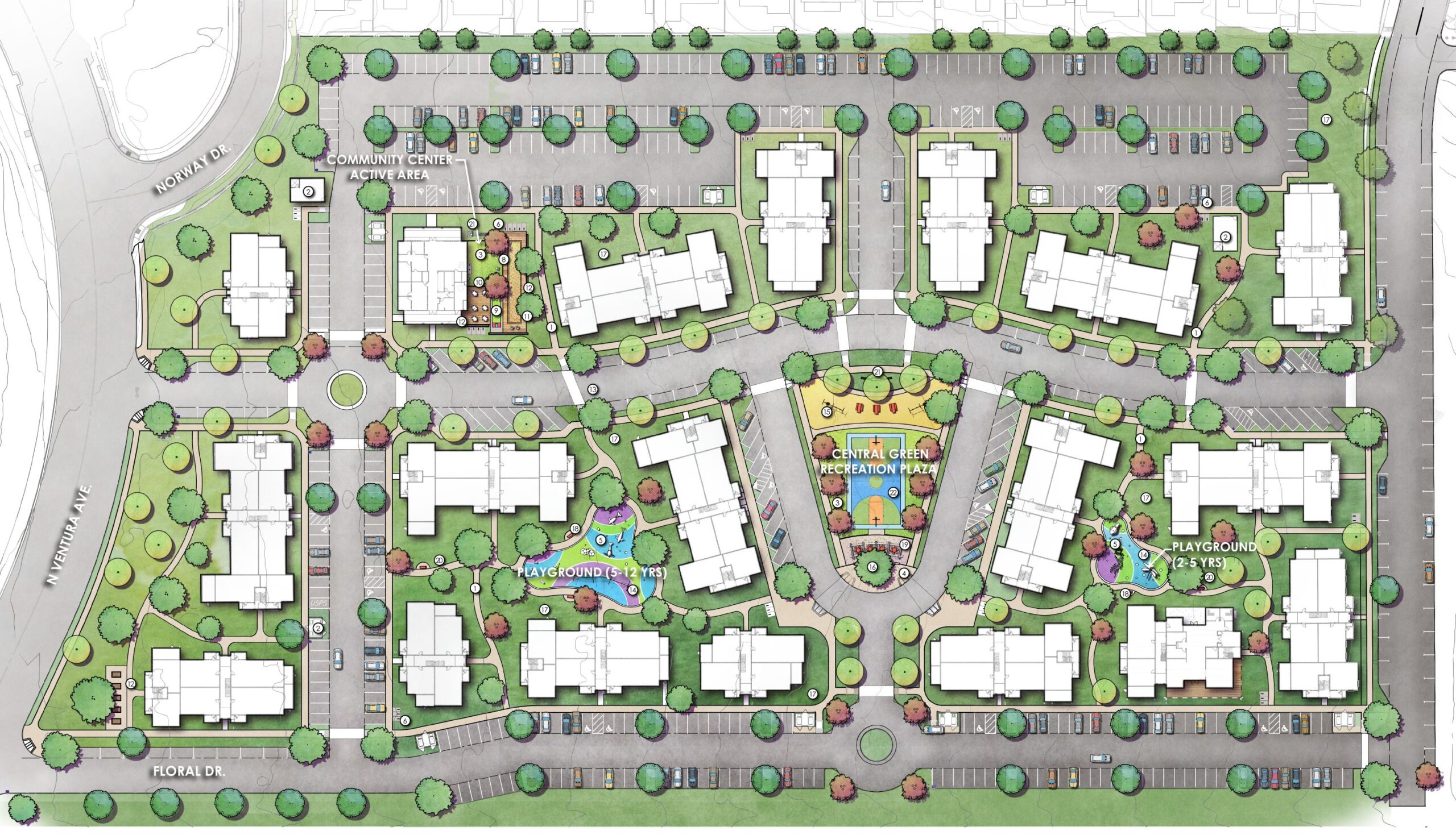 Bird's eye view of Ventura Ranch Farmworker Housing Project site plan, featuring residential buildings, community centers, and playgrounds situated along Norway Drive and Floral Drive.