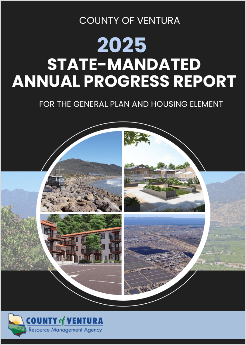 Cover of the 2025 Ventura County State-Mandated Annual Progress Report featuring aerial views and housing.