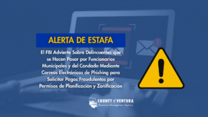 Alerta de estafa sobre delincuentes que se hacen pasar por funcionarios municipales y del condado mediante correos electrónicos de phishing para solicitar pagos fraudulentos.