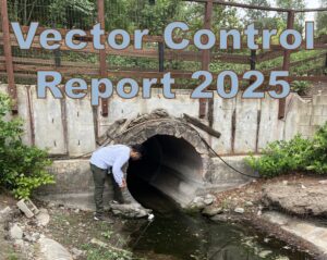 A person inspects a drainage tunnel entrance while holding a hose, with "Vector Control Report 2025" text overlaid in light blue and brown.