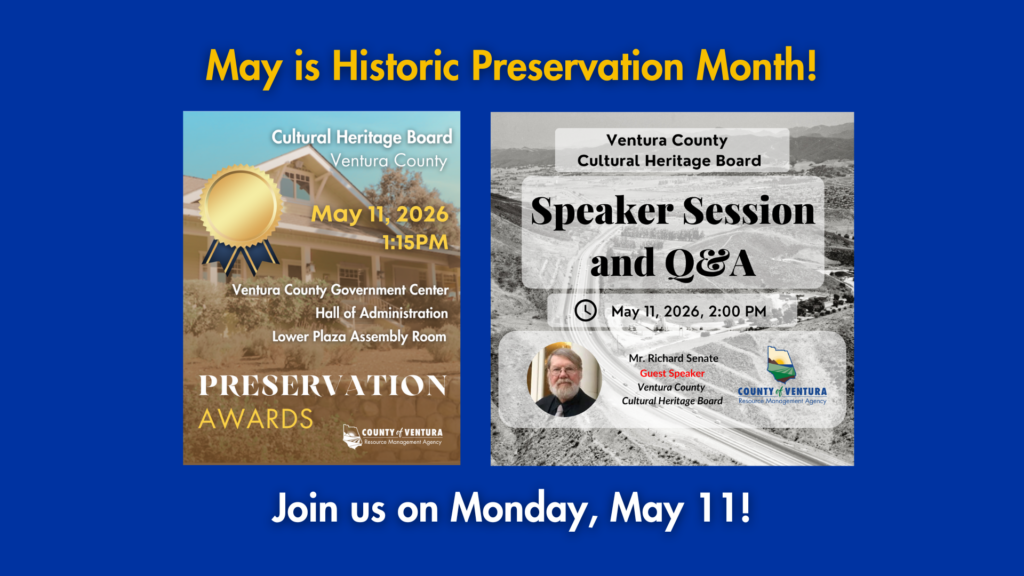 Promotional graphic for Historic Preservation Month events on May 11, 2026, featuring Preservation Awards at 1:15 PM and a Speaker Session with Mr. Richard Senate at 2:00 PM.