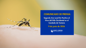 Mosquito sobre piel humana junto a un recuadro azul de comunicado de prensa —con fecha del 9 de junio de 2026 y emitido por la Agencia de Gestión de Recursos del Condado de Ventura— que anuncia el segundo caso positivo local del virus del Nilo Occidental en el condado de Ventura.
