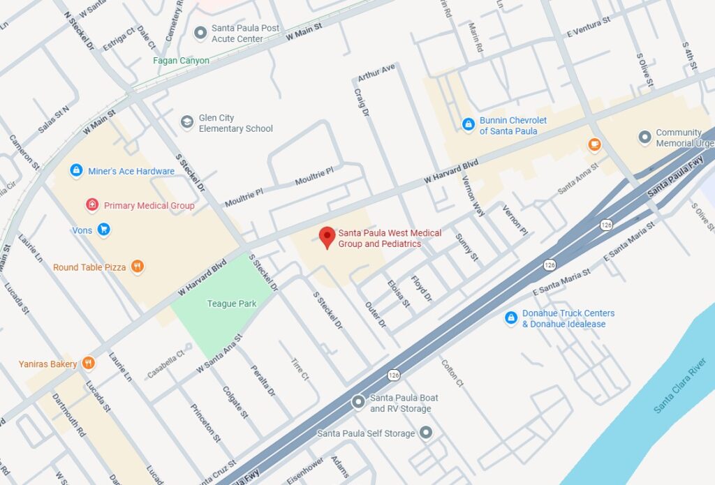 Map view of 1254 W Harvard Blvd B, Santa Paula, CA 93060 with surrounding businesses and streets, located near Teague Park and Community Memorial Urgent Care.