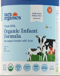 Nara Organics Organic Infant Formula milk-based powder with iron, made with whole milk, for 0-12 months. Features cow illustrations, "45% less sugar" badge, and USDA Organic certification.