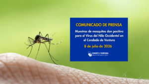 Mosquito sobre piel humana junto a un recuadro azul de comunicado de prensa —con fecha del 8 de julio de 2026 y emitido por la Agencia de Gestión de Recursos del Condado de Ventura— que anuncia el segundo caso positivo local del virus del Nilo Occidental en el condado de Ventura.