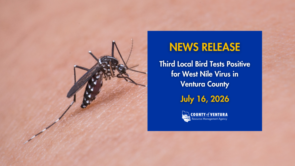 A mosquito on human skin with a blue news release box stating "Second Local Bird Tests Positive for West Nile Virus in Ventura County" dated July 16, 2026, from Ventura County Resource Management Agency.