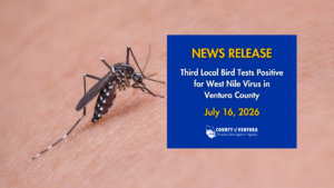 A mosquito on human skin with a blue news release box stating "Second Local Bird Tests Positive for West Nile Virus in Ventura County" dated July 16, 2026, from Ventura County Resource Management Agency.