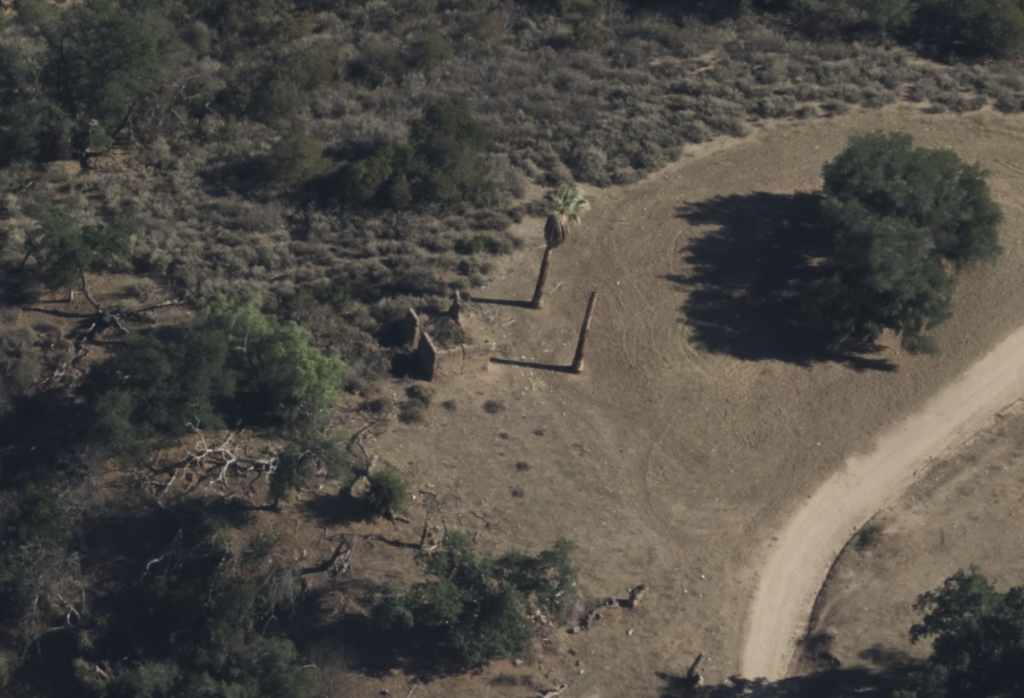 Aerial view of Arundell Adobe ruins featuring two standing palm trees from historical photos, set on dry terrain with scattered vegetation and a curving dirt road.