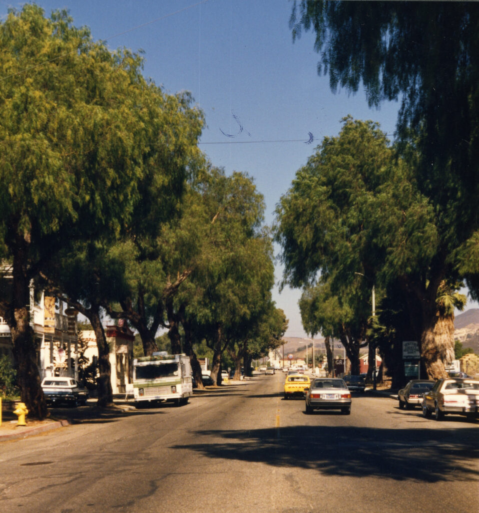 A 1985 street scene on High Street lined with pepper trees, featuring parked cars, a bus, and buildings under a clear blue sky.