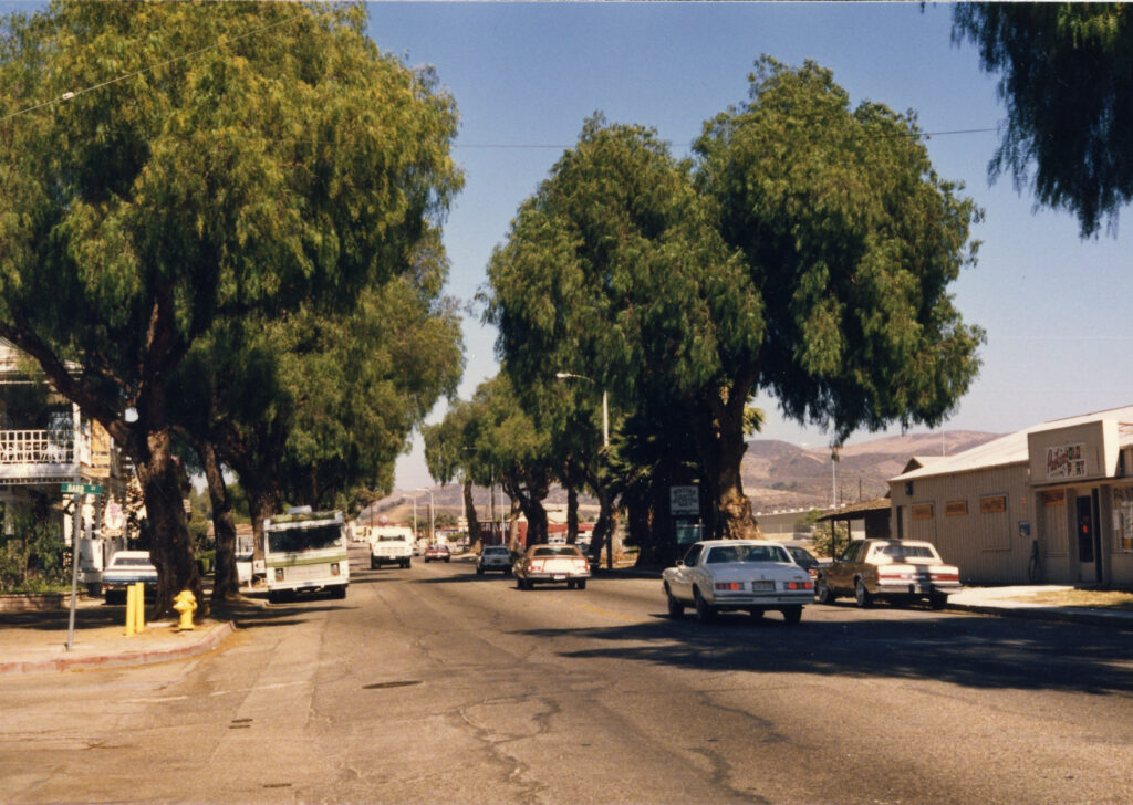 A sunny 1985 street view of High Street lined with pepper trees, featuring vintage cars, a bus, and storefronts under a clear blue sky.