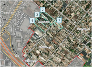 Map of El Rio/Del Norte showing four RHD (Residential High Density) zoning parcels (labeled 1-4) with teal parcel boundaries, red dashed area boundaries, and visible text labels for RHD-20 du/ac, M2-10,000 sq ft, and RE-20,000 sq ft.