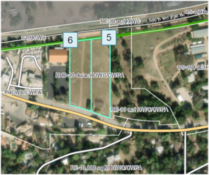 Map of 2 parcels in Santa Susanna with RHD zoning, highlighting parcels 5 and 6 with zoning labels like RHD-20 du/ac/HCWC/CWPA