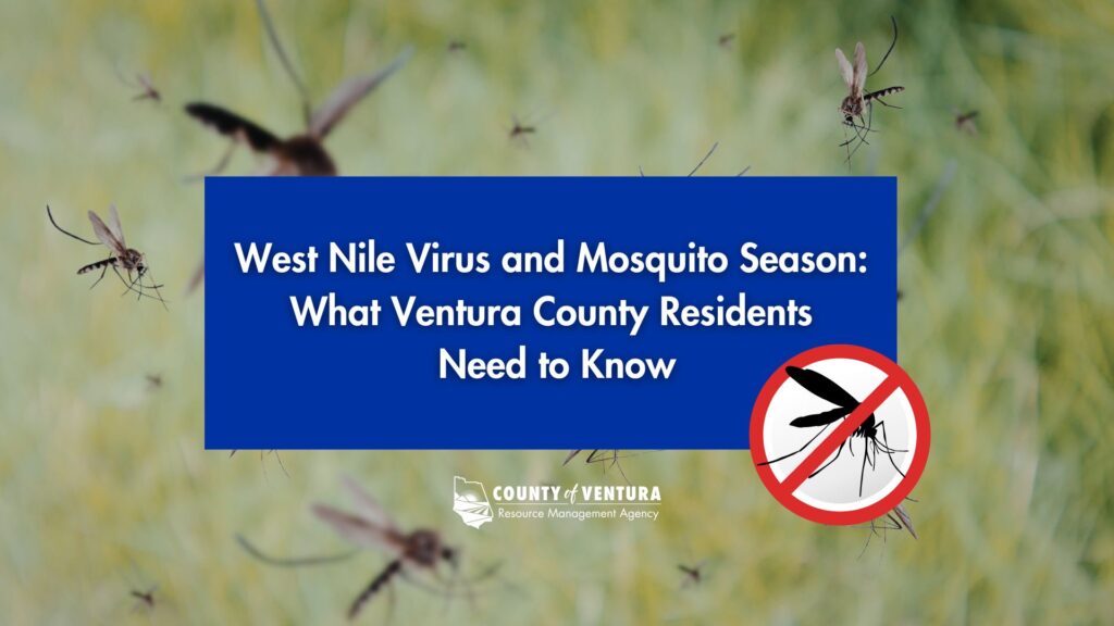 Blue banner with text "West Nile Virus and Mosquito Season: What Ventura County Residents Need to Know" and a red prohibition symbol over a mosquito, representing disease prevention guidance from the County of Ventura Resource Management Agency.