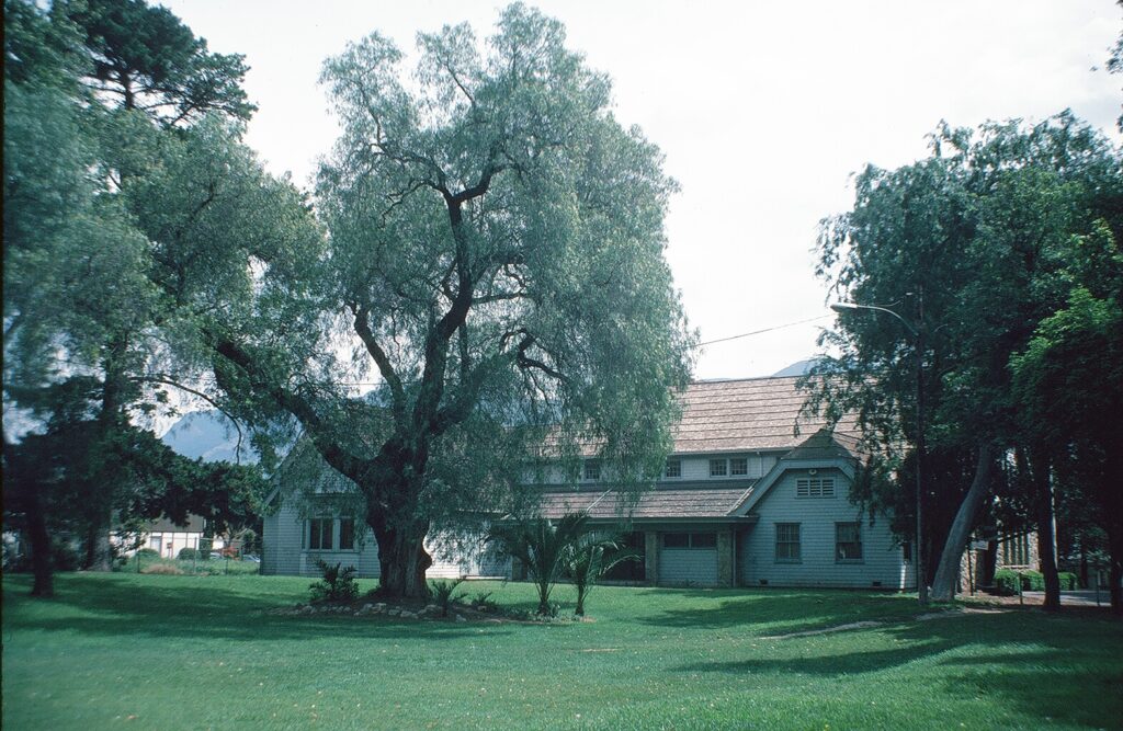 1982 photo of a light-colored house with a shingled roof, surrounded by large trees and a green lawn, with mountains visible in the distance.