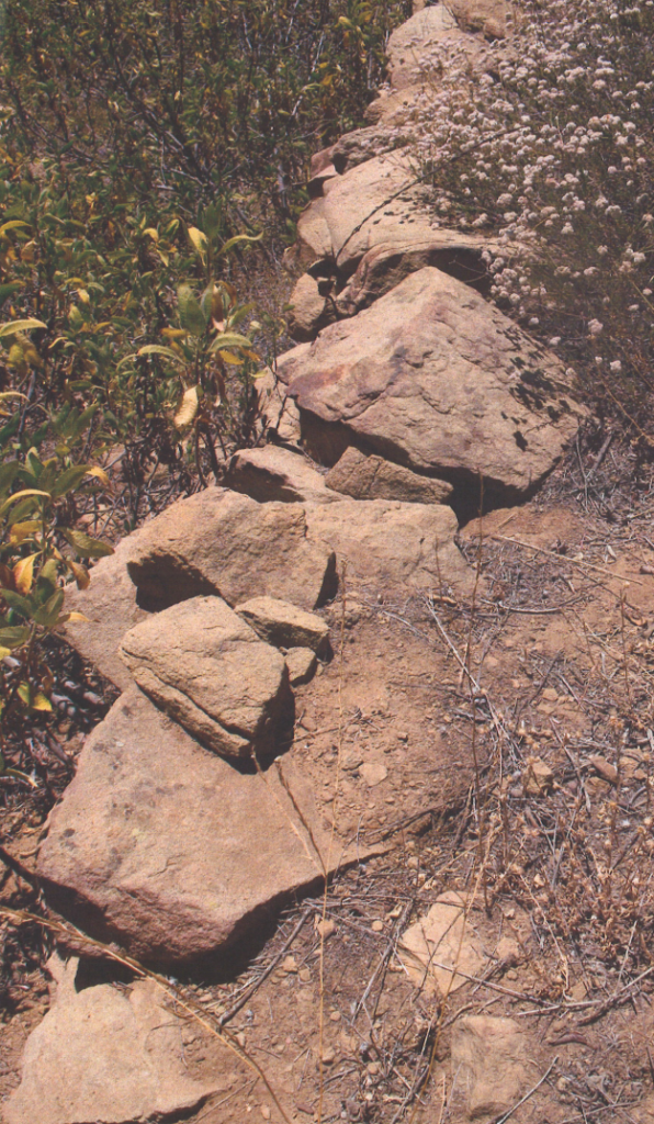 Stacked tan and brown stones form a natural retaining wall, surrounded by green and dry vegetation, photographed in 2012.