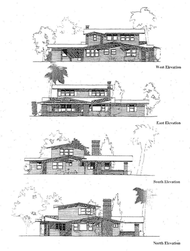 Four architectural elevation drawings of a two-story house, labeled West, East, South, and North, each depicting the facade, windows, and surrounding trees.