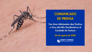 Un mosquito sobre piel humana, junto a un buzón azul de comunicados de prensa con texto amarillo que anuncia que tres aves adicionales dieron positivo al virus del Nilo Occidental en el condado de Ventura el 16 de agosto de 2026.